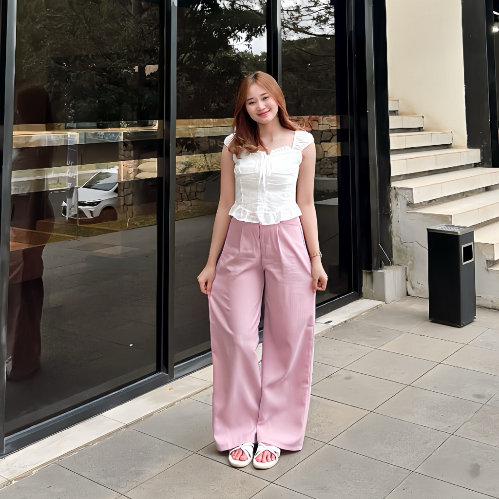 City Pants - Celana Wispie Casual  Panjang Wanita Kantor Kuliah Motif Garis Kulot Pinstripe Karet Le