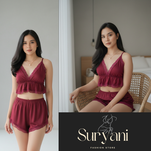 Set Piyama Wanita Premium – Baju Tidur Seksi Elegan Lace Tank Top & Celana Pendek