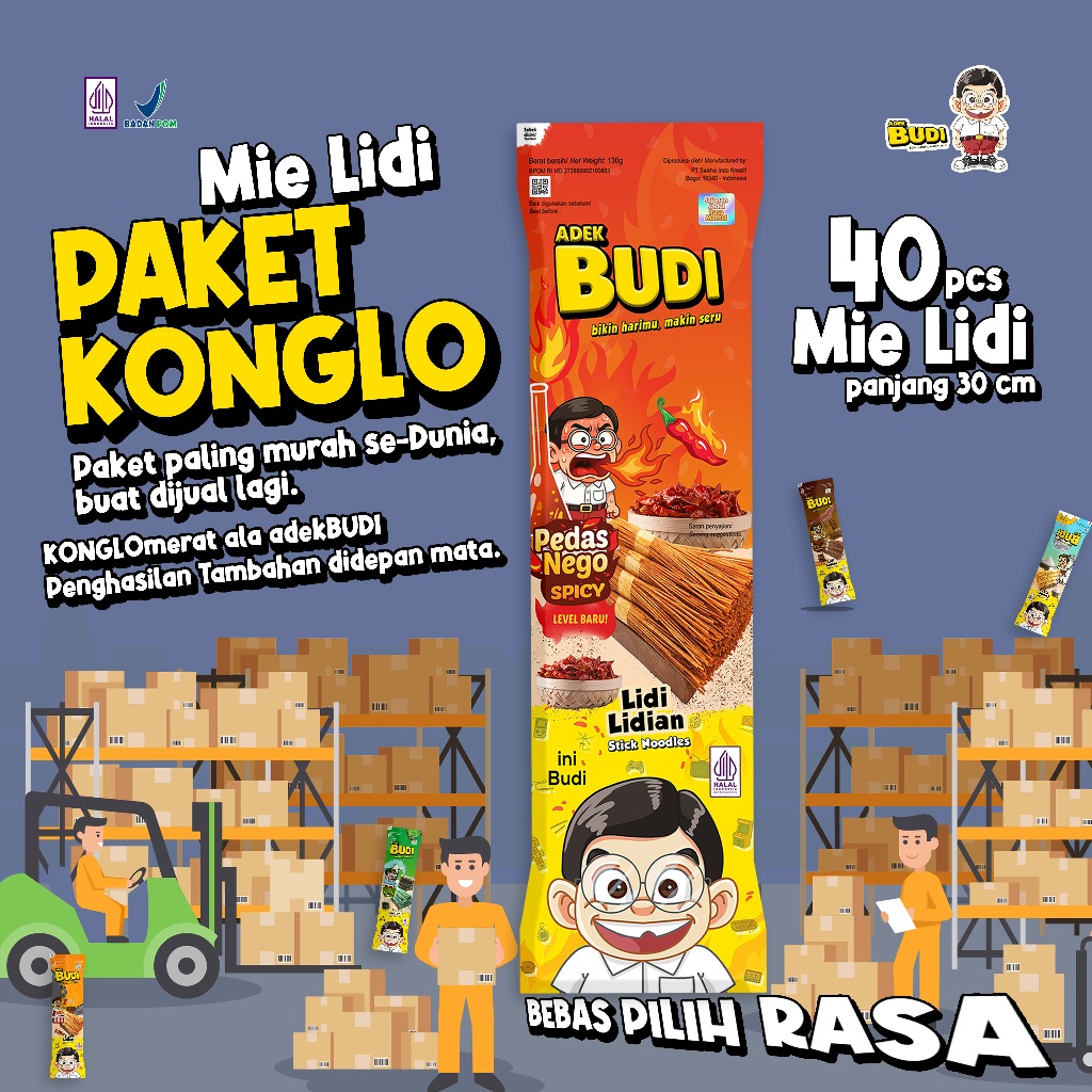 [PAKET KONGLO] Paket Super Hemat 40 pcs - Reseller adek Budi Mie Lidi 130gr | Cemilan, Makanan Ringa