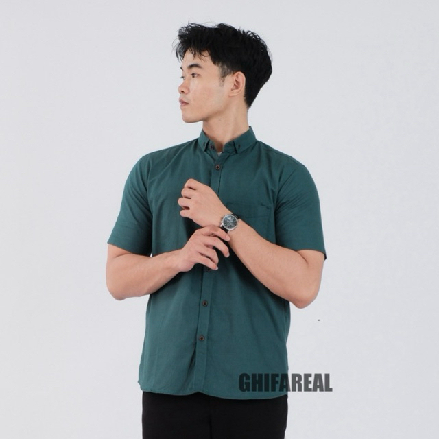 GHIFAREAL - Kemeja Lengan Pendek Pria Cotton Sigaret Premium - Kemeja Pria Emerald Green