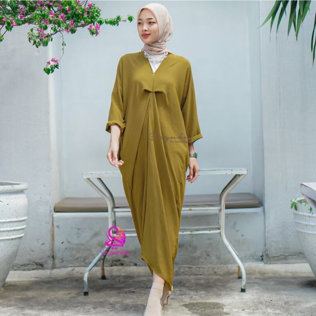 Aisy Kaftan Wanita Premium Crinckle Airflow Polos Ironless Yayuku by Yayoe Hijab