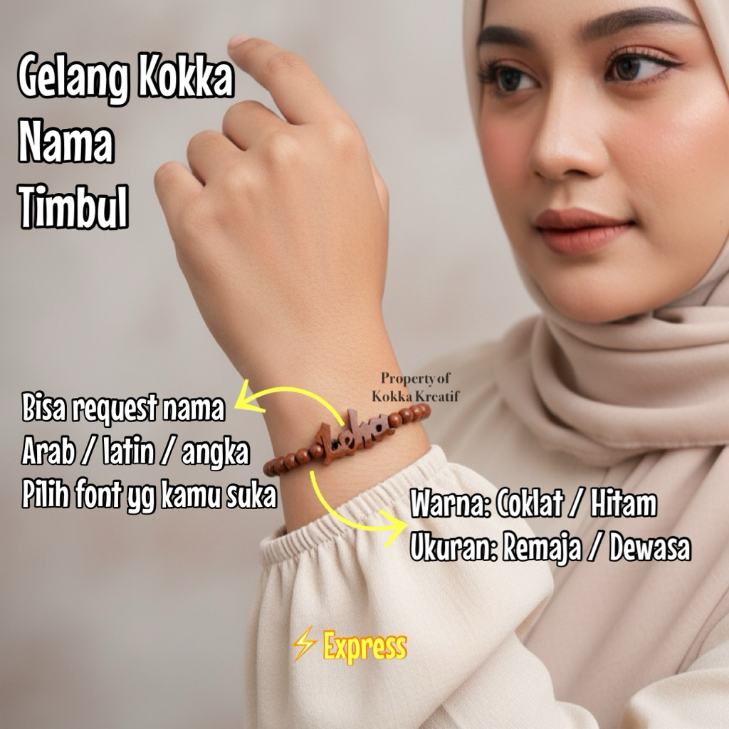 Gelang Nama Arab Latin - Bulat - Kayu Kaukah Kokka Asli Pria Wanita Remaja Dewasa Kado Unik Handmade