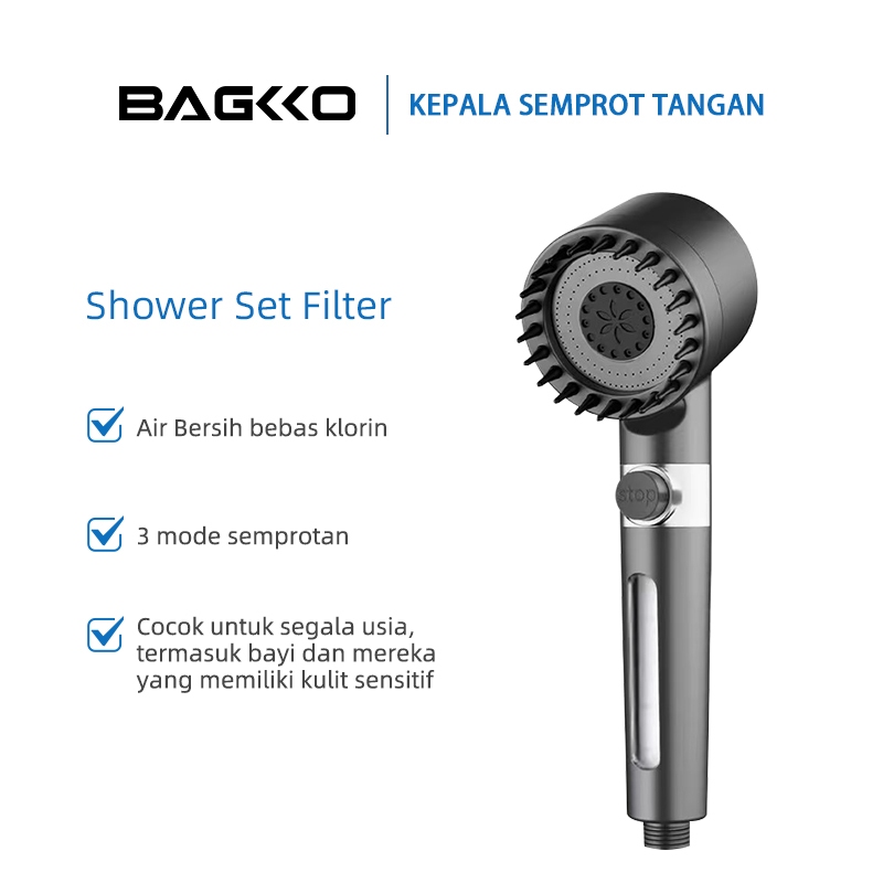 BAGKKO 3 Modes Filter Shower Head Penghenti Air Sekali Klik, Kepala Pancuran Kamar Mandi Shower Set