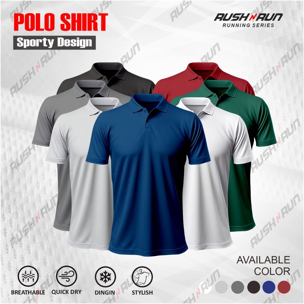 Rush n Run Baju Kaos Polo Shirt Olahraga Gym Fitness Lari Runing Unisex Dry Fit Nyaman 4 Warna