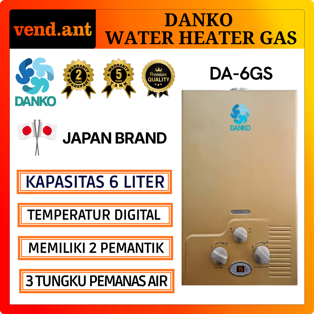 DANKO Water Heater Pemanas Air Gas Kamar Mandi 6L Liter