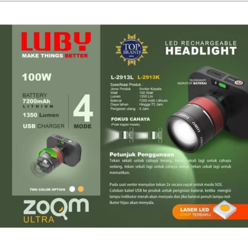 Senter Kepala Luby L-2913L Zoom 100 Watt  / Luby Senter Kepala