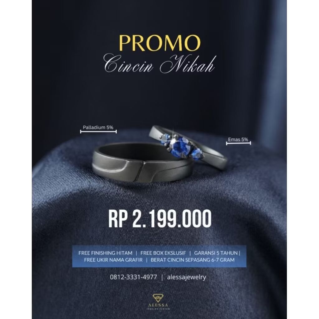 Promo Finishing Hitam Cincin Couple Emas Putih 5% & Palladium 5% (Cincin Nikah)