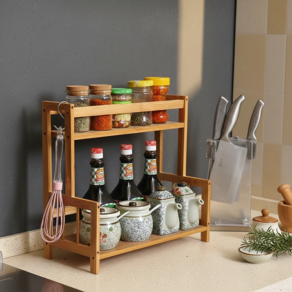 Rak Dapur Tempat Toples Bumbu Kayu Susun 2 Tingkat Rak Serbaguna Rak Kayu Estetik