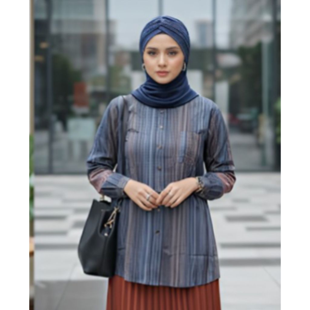Baju Atasan Wanita Motif Garis Bahan Tunik Rayon
