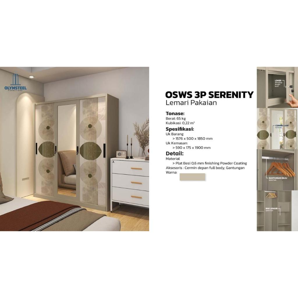 Lemari Olympic Besi Plat OSWS 3Pintu Tipe Serenity, Sekayu, Garnet Pintu Geser (Sliding)