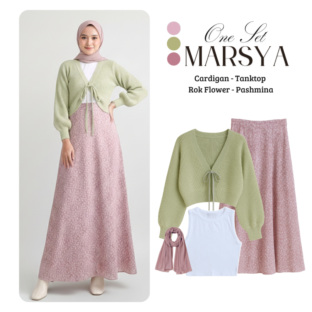 Marsya One Set 4in1 Set Outfit Korean Style |  Cardigan Rajut - Tanktop - Rok Motif Bunga - Pashmina