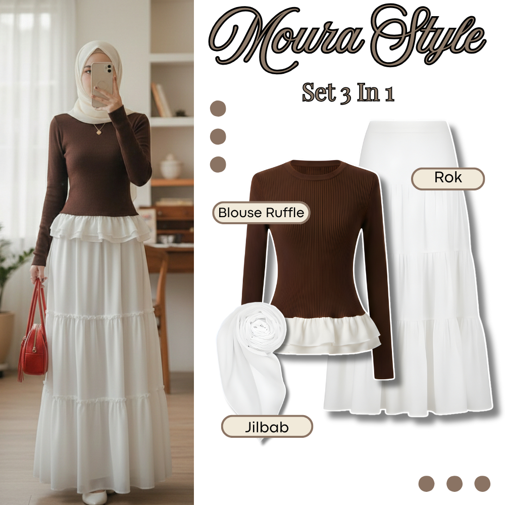 Outfit Kekinian 3in1 Wanita Hijab OOTD Atasan Rajut Lengan Panjang, Rok Susun, dan Jilbab L0106
