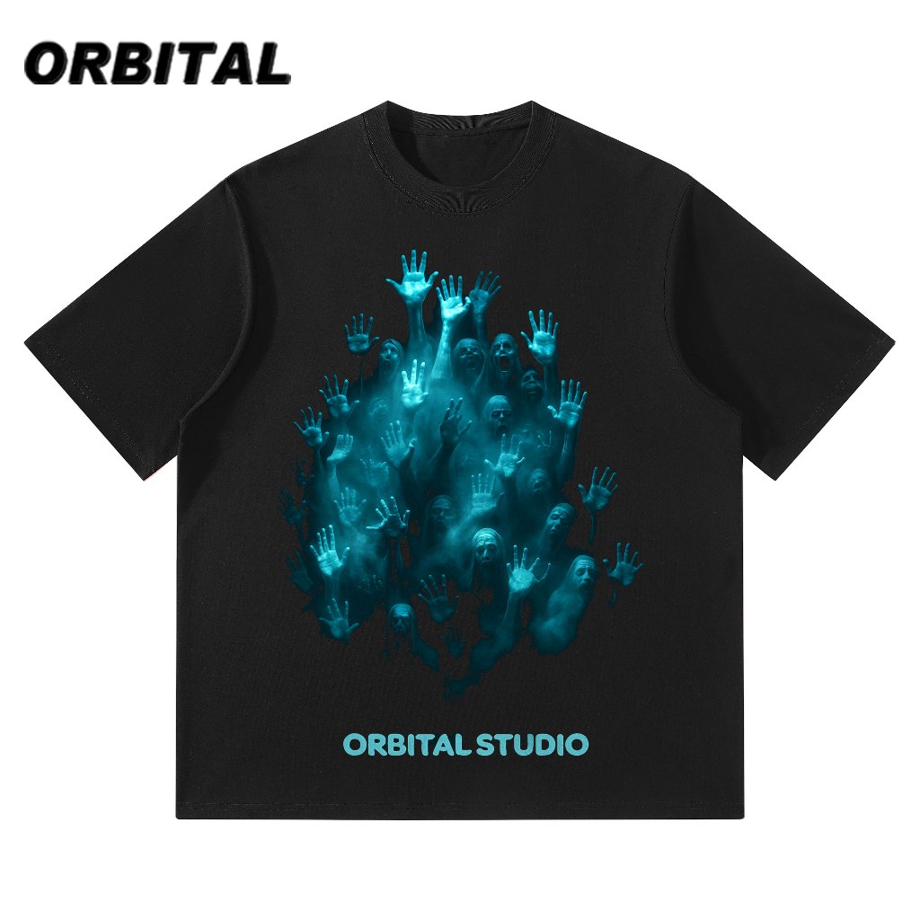 ORBITAL Kaos Graphic Hitam 230GSM — Blue Shadow Hands Art Oversize Unisex