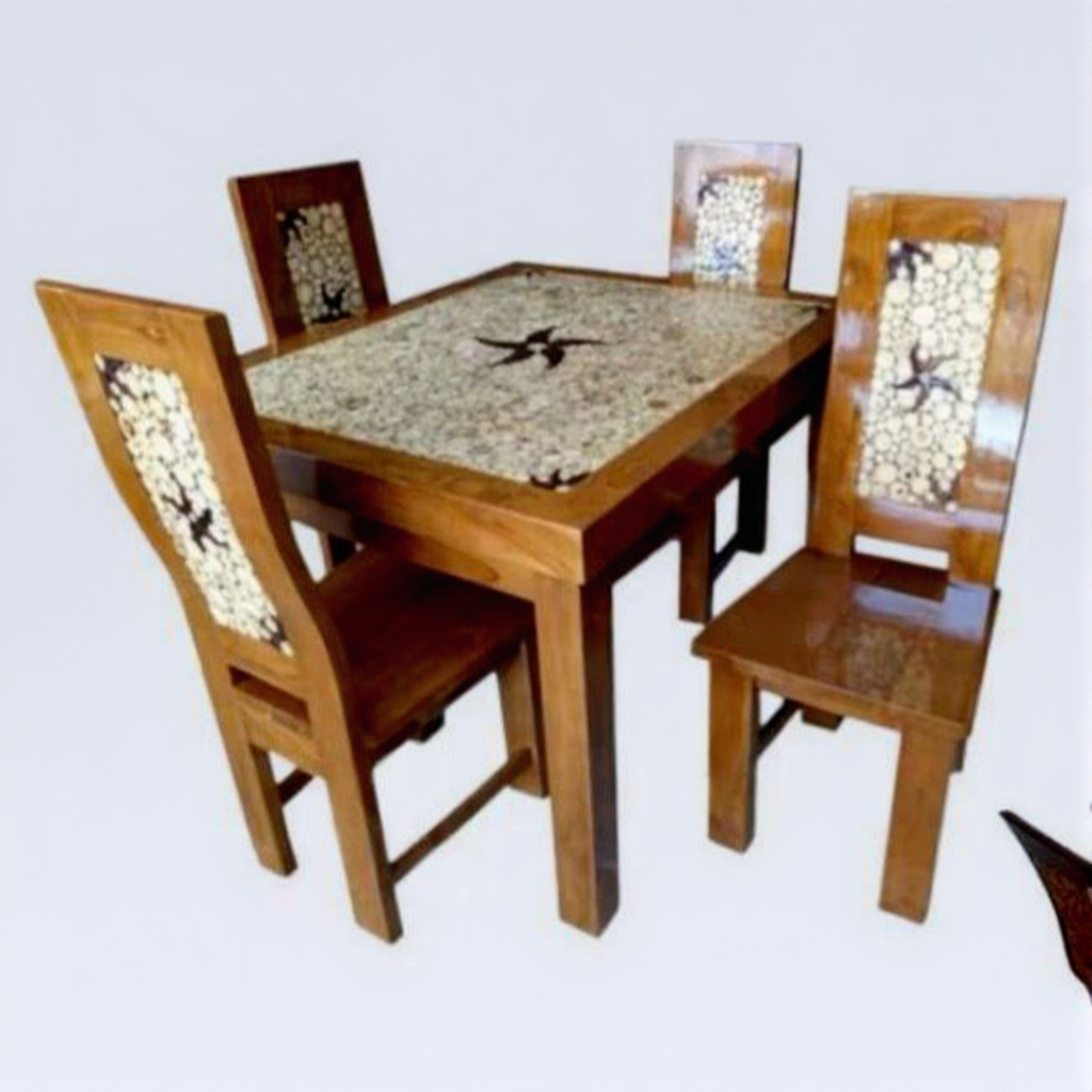 Meja Makan Jati Kelereng KOIN 4 Kursi | Meja Makan Jati Murah Palembang