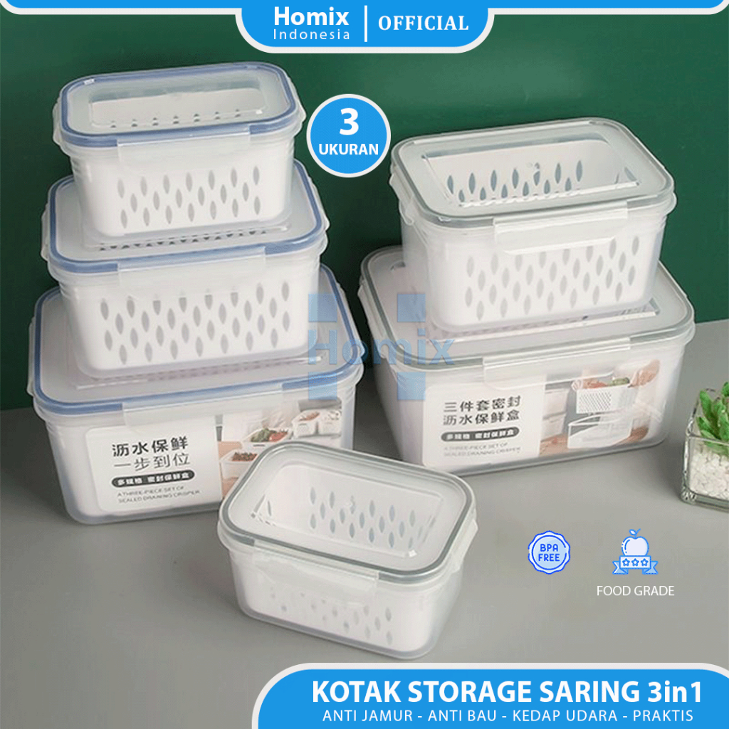 Homix Container Storage Box Kulkas Set Kotak Penyimpanan 3in1 Saringan Buah Sayur Storage Box Kulkas