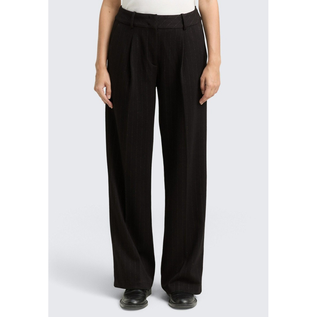 Celana Panjang Sparkle Glitter  Wanita Stripe Hitam Tom Tailor Pinstripe with lurez Trousers Wide Le