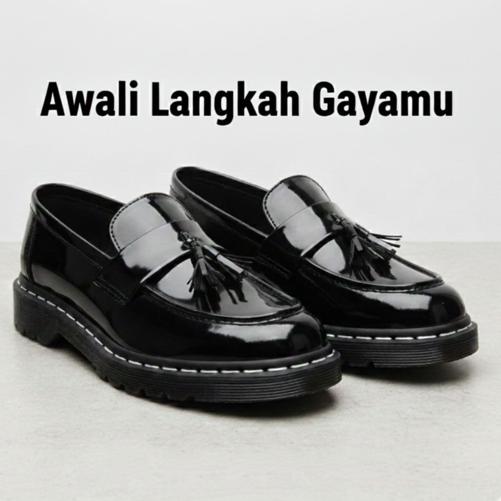 HD-Sepatu Wanita Loafer Glossy Pantofel Sol Tebal Rumbai / Sepatu Docmart Korean Style Glossy Lokal 