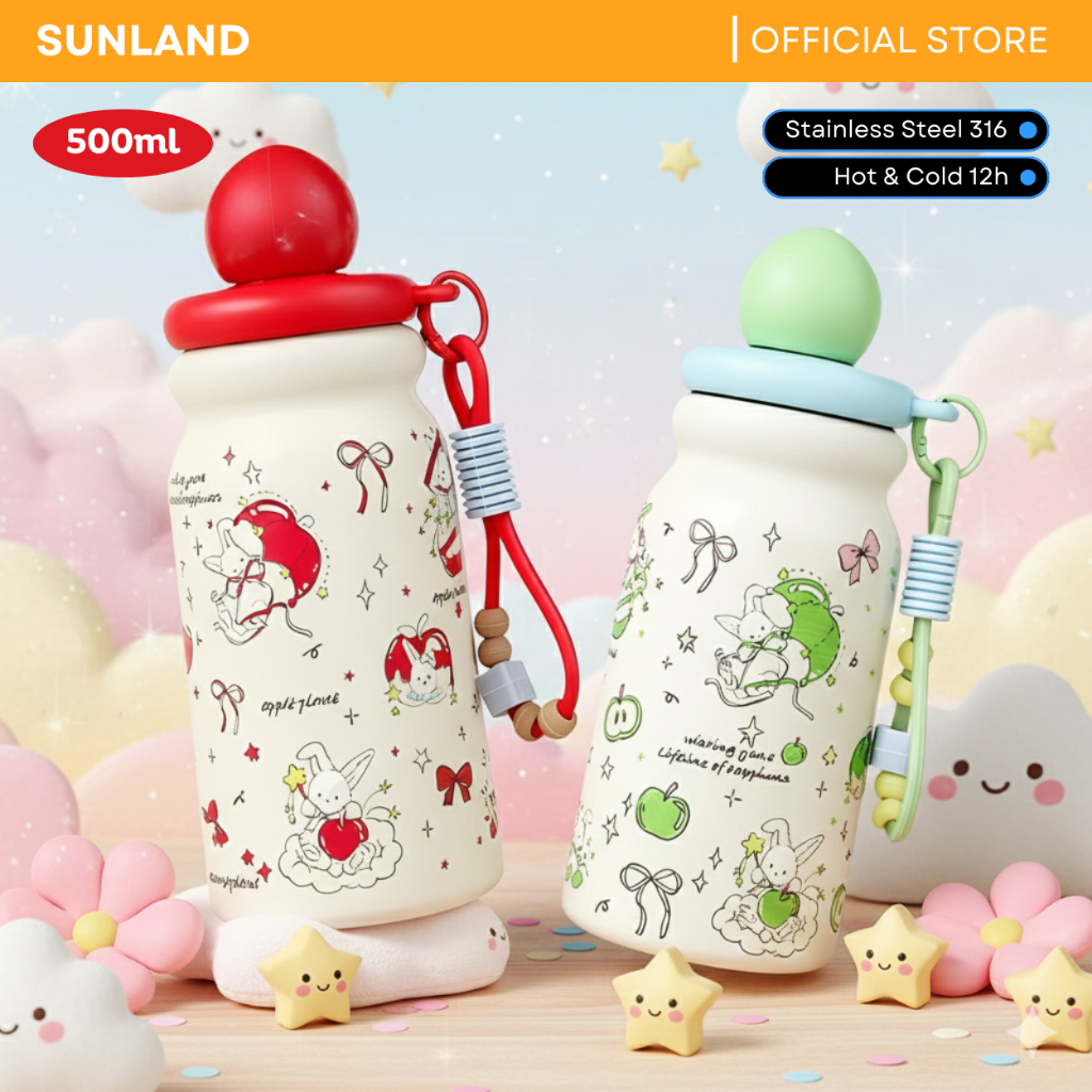 SUNLAND Tumbler Botol Minum Anak 500Ml Stainless SUS316 Tumblr Lucu Karakter Tahan Panas & Dingin