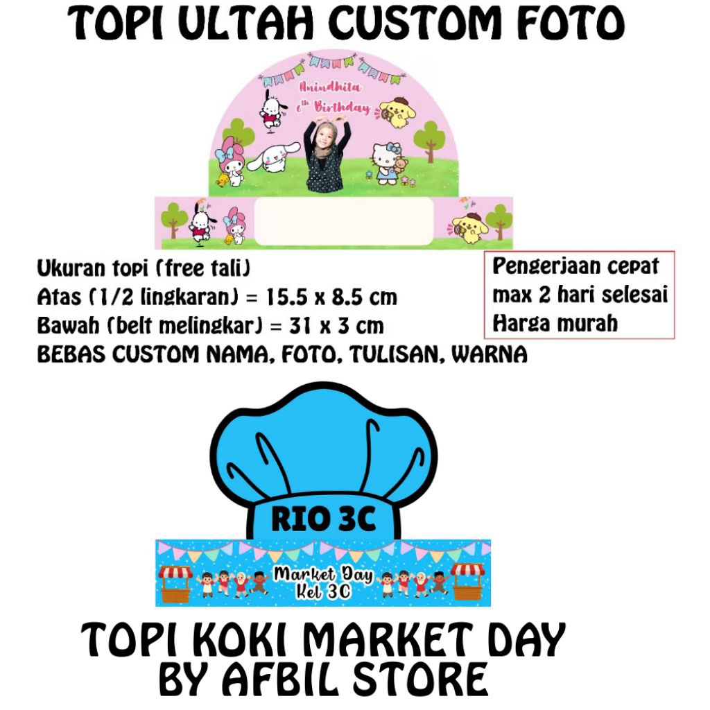 Topi Ulang Tahun Custom Foto Anak / Topi Koki Market Day Custom Foto / Topi Chef Market Day Custom