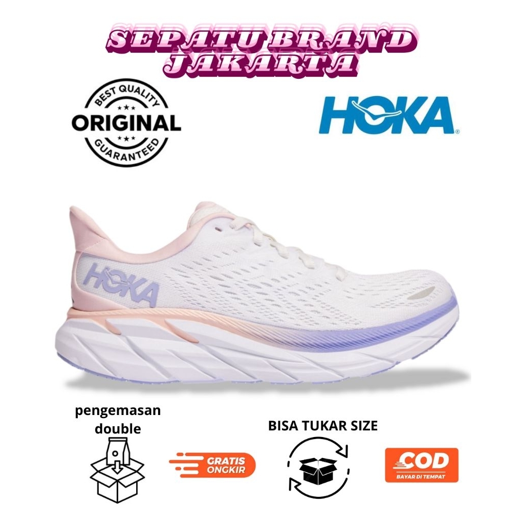 Sepatu Lari Wanita Hoka Clifton 8 White Purple