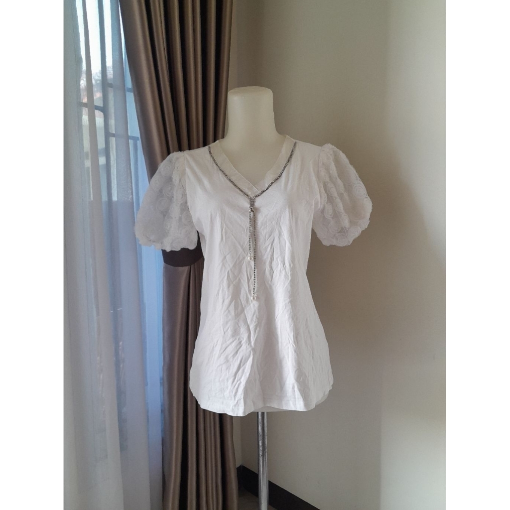 Blouse Putih Mix Tile, Blouse Putih Lengan Balon