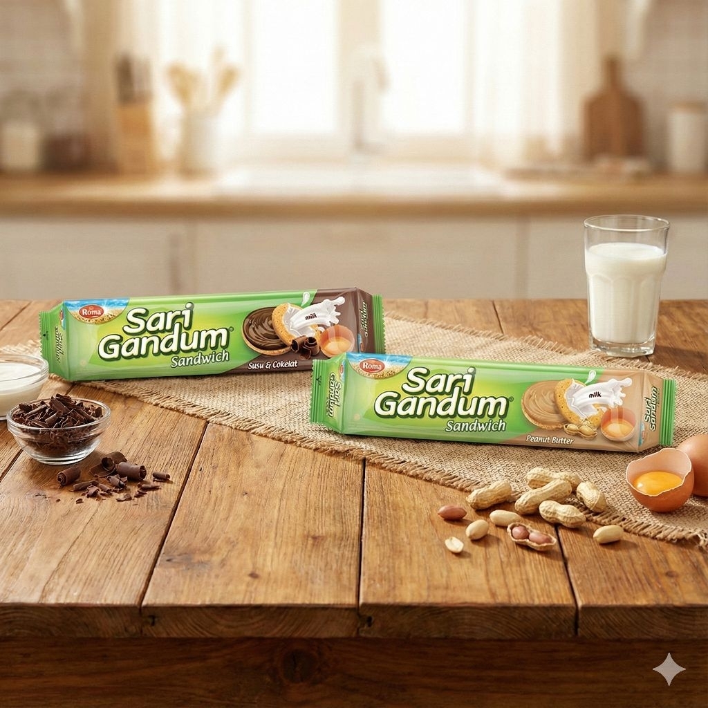 Roma Sari Gandum Sandwich Biskuit Gandum Krim Susu Cokelat / Peanut Butter - Snack Cemilan Sehat