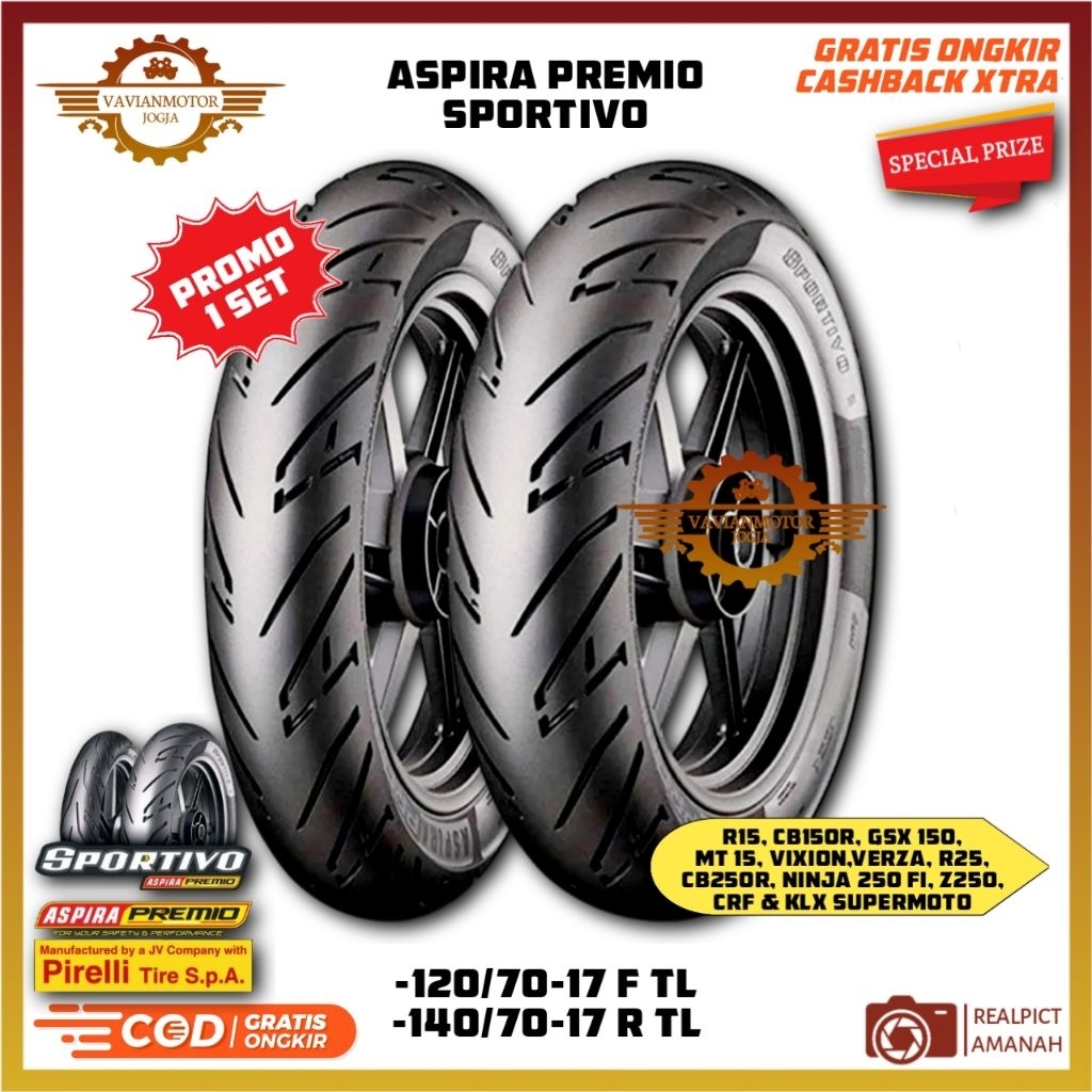Ban Aspira Premio Sportivo 1 120/70-17 & 140/70-17 Tubeless Set Depan Belakang | Cocok untuk R15 MT1