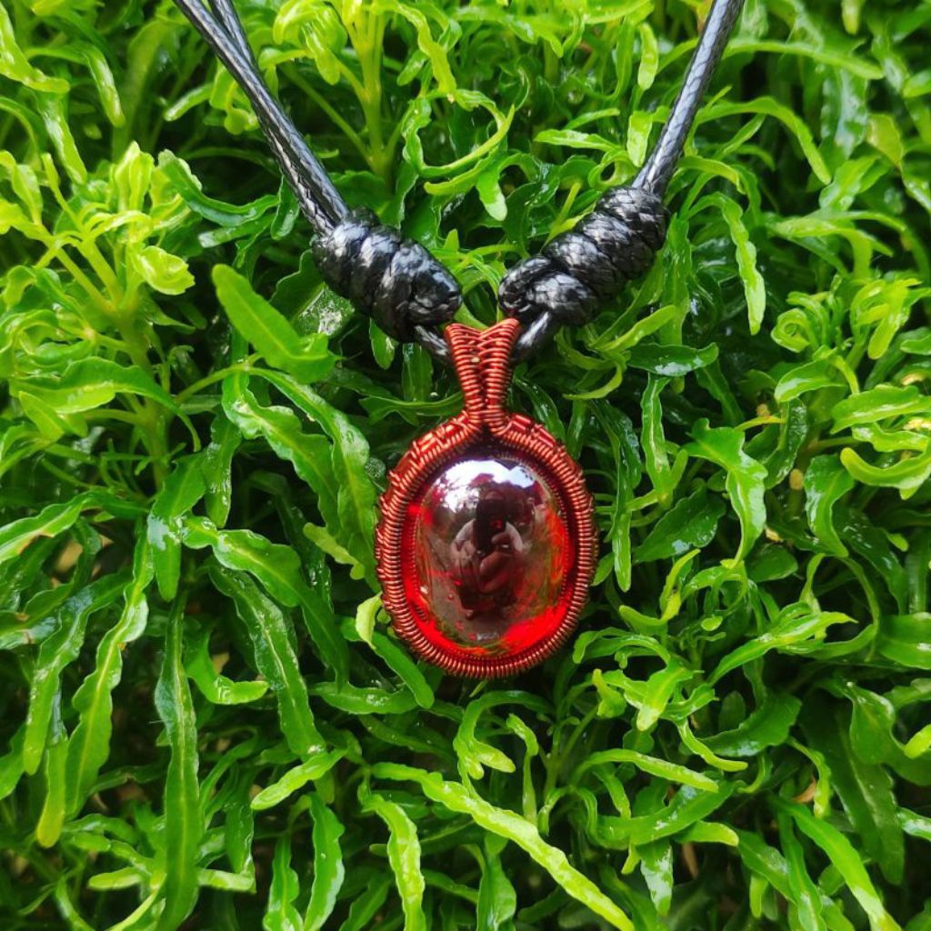 Kalung etnik Wire Wrapped batu akik merah siam bangkok natural 100% asli