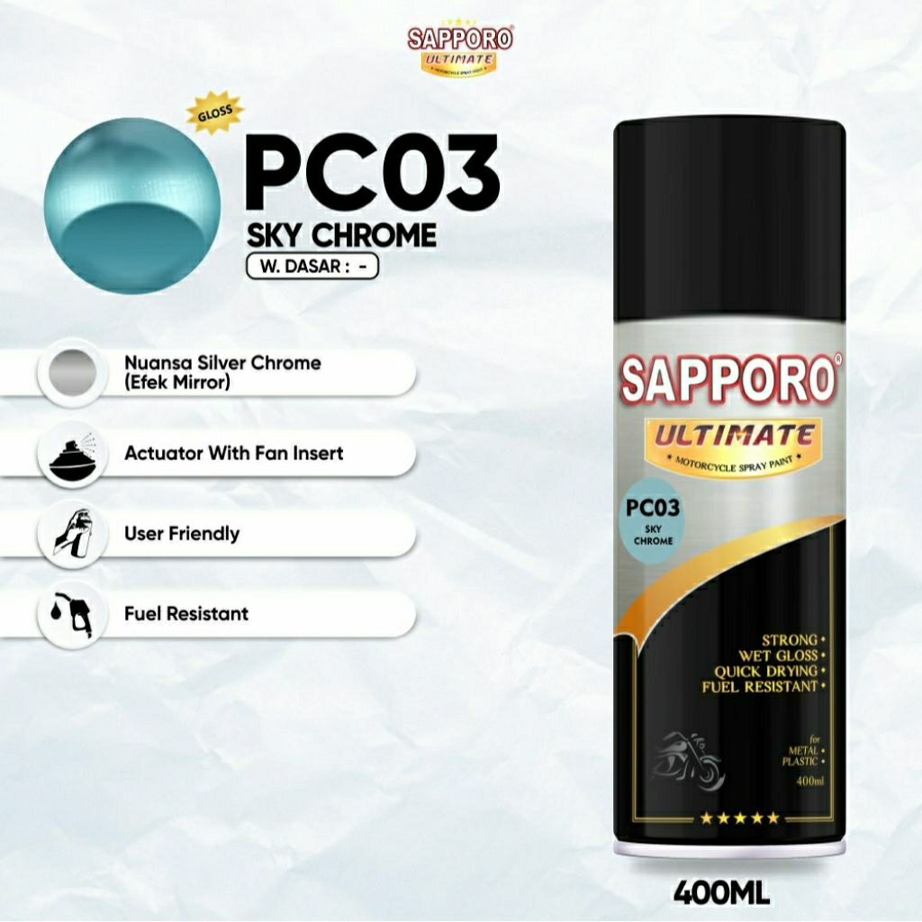 #MAU# Cat Semprot Sapporo Ultimate PC03 Sky Chrome 400ml Biru Langit Crom Metallic Blue Krome Metali