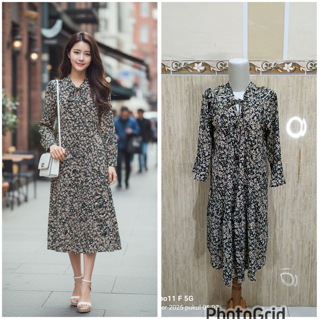 Dress Midi motif bunga bunga kecil warna colourfull leher pita