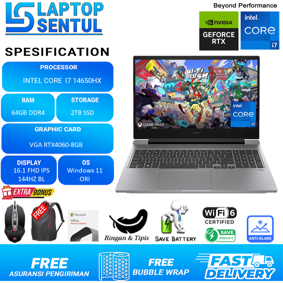 Laptop Gaming HP omen 16 Intel core i7 14650HX Ai RTX4060 Ram 64GB Ssd 2TB FHD IPS Windows 11 Home