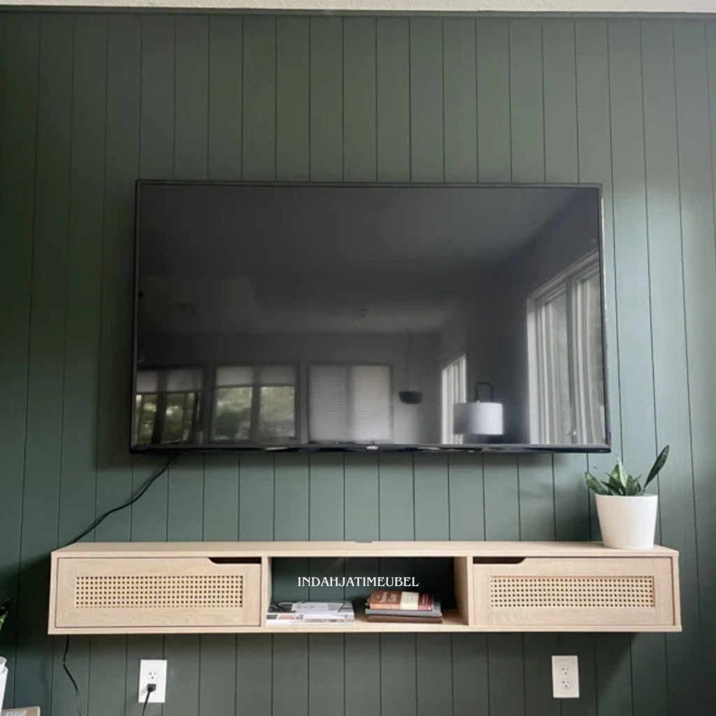 Bufet TV Gantung Rak Kabinet Dinding Meja TV Minimalis Modern Kayu Jati Solid FREE ONGKIR
