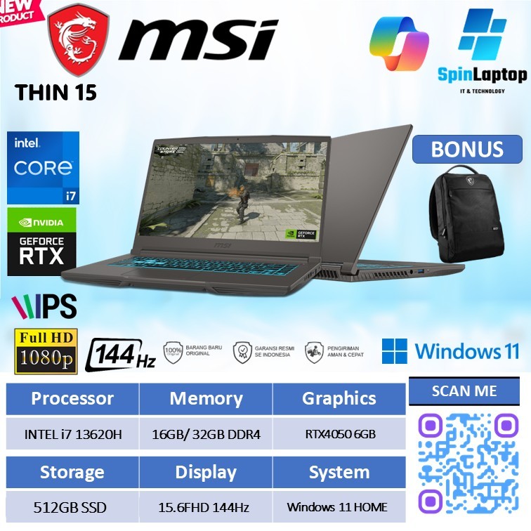 Laptop Gaming MSI THIN 15 RTX4050 6GB | CORE I7 -13620H RAM 32GB SSD 1TB WINDOWS 11 15.6"FHD 144HZ