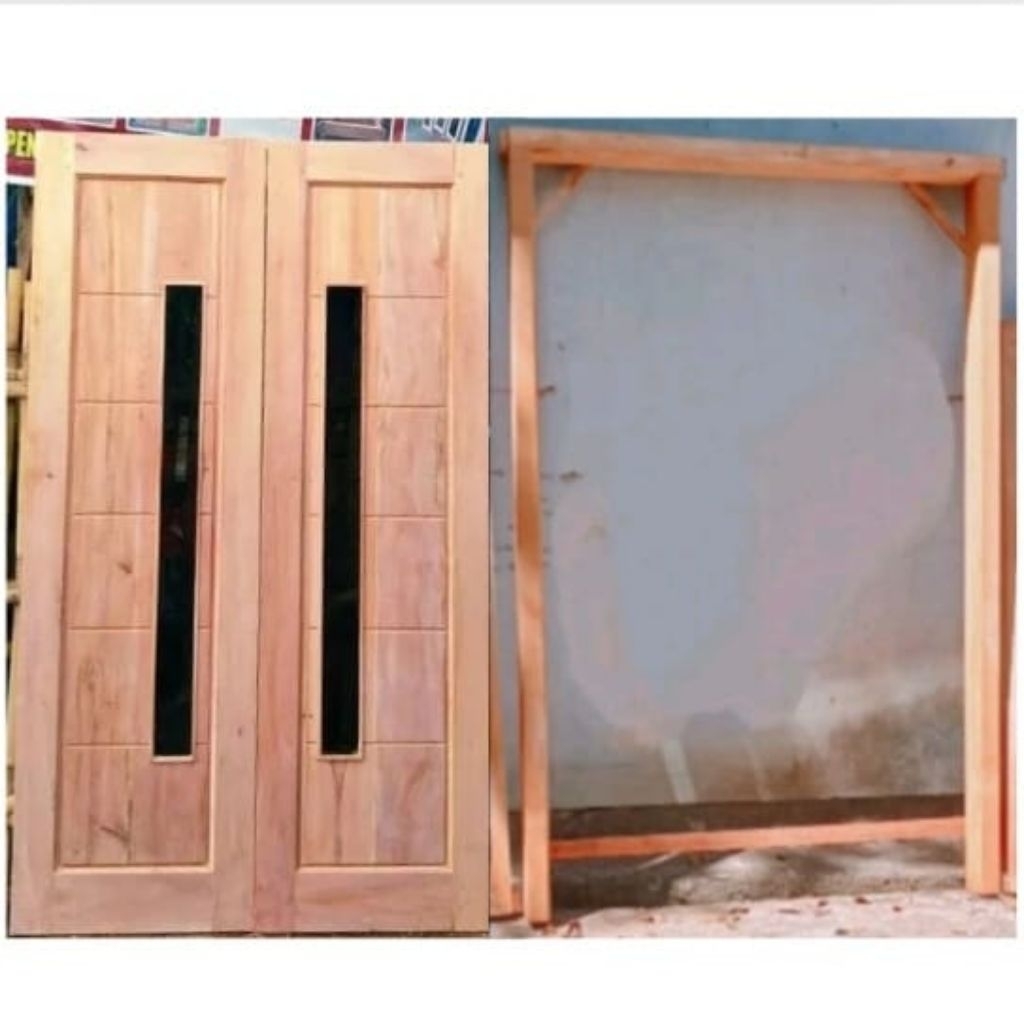 daun pintu kuputarung motif lis kaca+kusen 1set kayu mahoni
