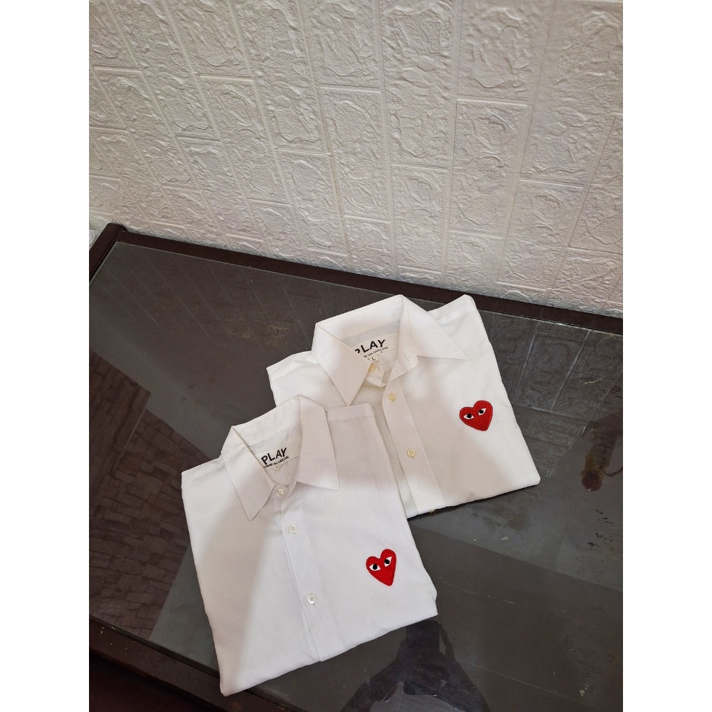 KEMEJA COMME DES GARCONS CDG PLAY WHITE RED EMBLEM PRIA WANITA COTTON ORIGINAL