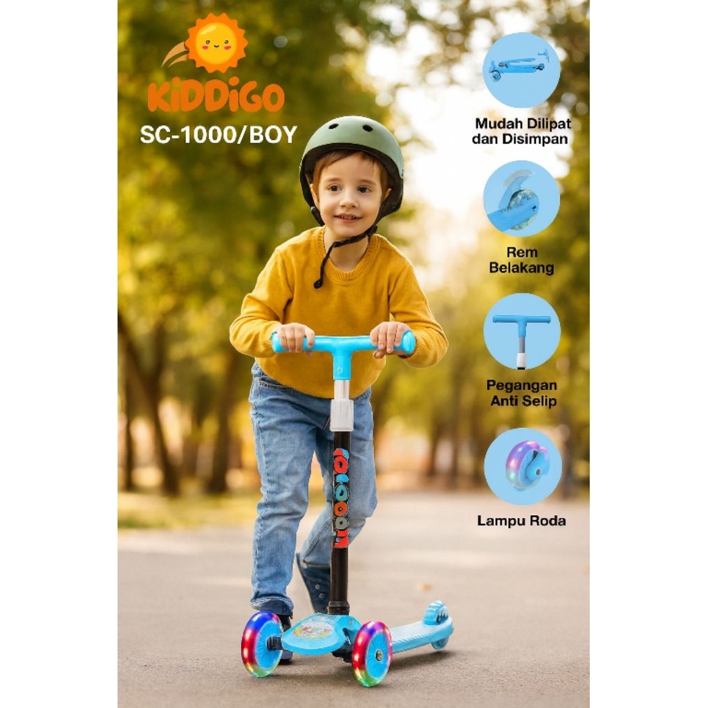 Scooter Anak KIDDIGO SC-1000 • Roda LED • Bisa Dilipat • Rem Belakang • Untuk Anak 3-10 Tahun