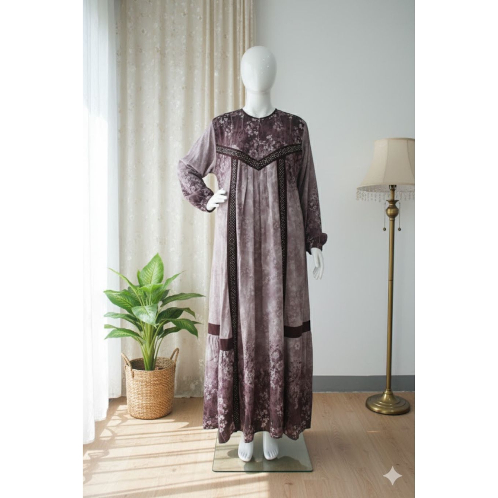 Gamis Motif Bunga Terbaru Ceruty Babydoll Renda | Maxi Dress Pesta Kondangan Lengan Panjang