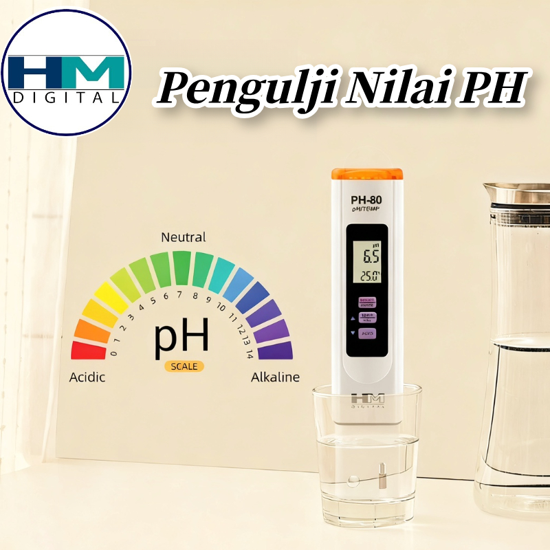 HM PH Meter Digital PH-80 Original - Pengukur pH & Suhu Air Digital Presisi Tinggi dengan ATC, untuk