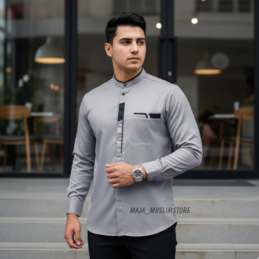 Baju Kemeja Koko Pria Polos Lengan Panjang Warna Putih Hitam Sage Abu Orange