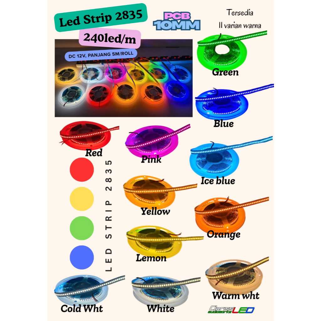 LED STRIP 2835 240LED/M PCB 10MM 12V 1roll panjang 5m