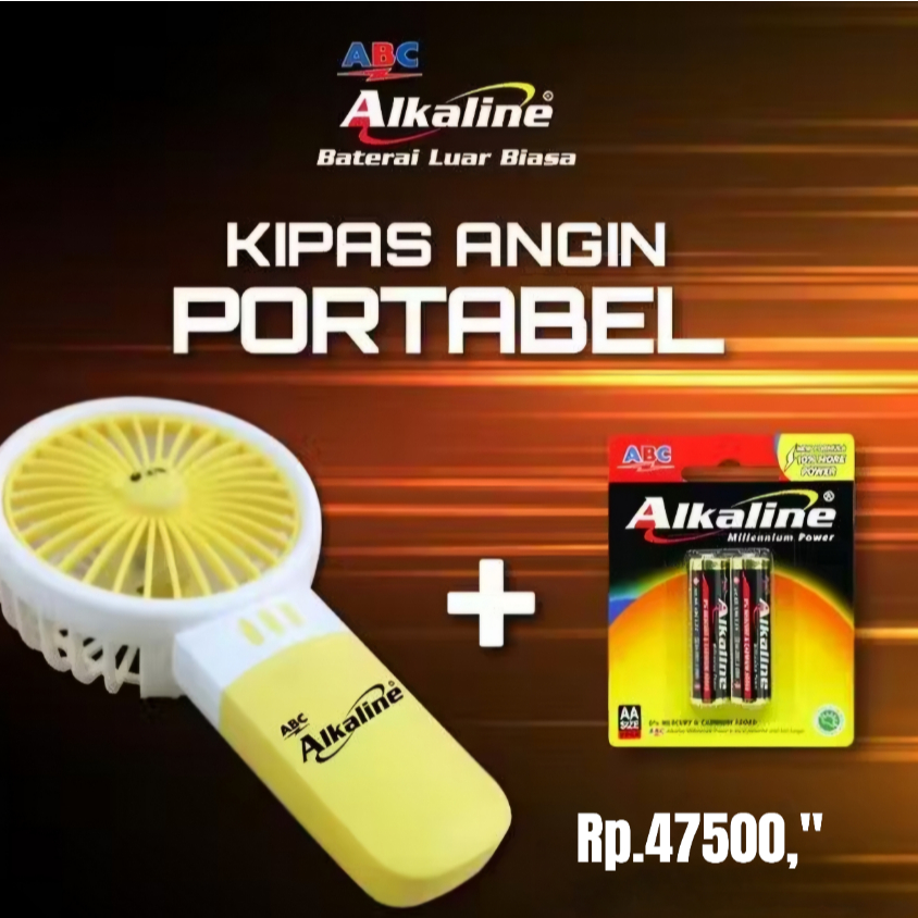 KIPAS ANGIN PORTABLE + BATERAI ALKALINE AA ISI 2 PCS
