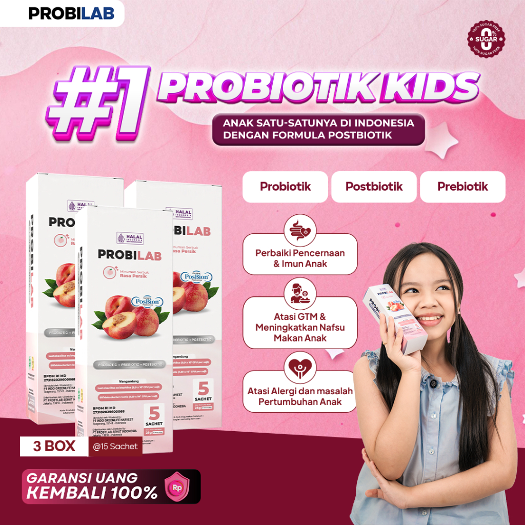 PROBILAB Kids – Suplemen Kesehatan Anak 3 Biotik Rasa Peach | Probiotik Anak Usia 2 Tahun, Multivita