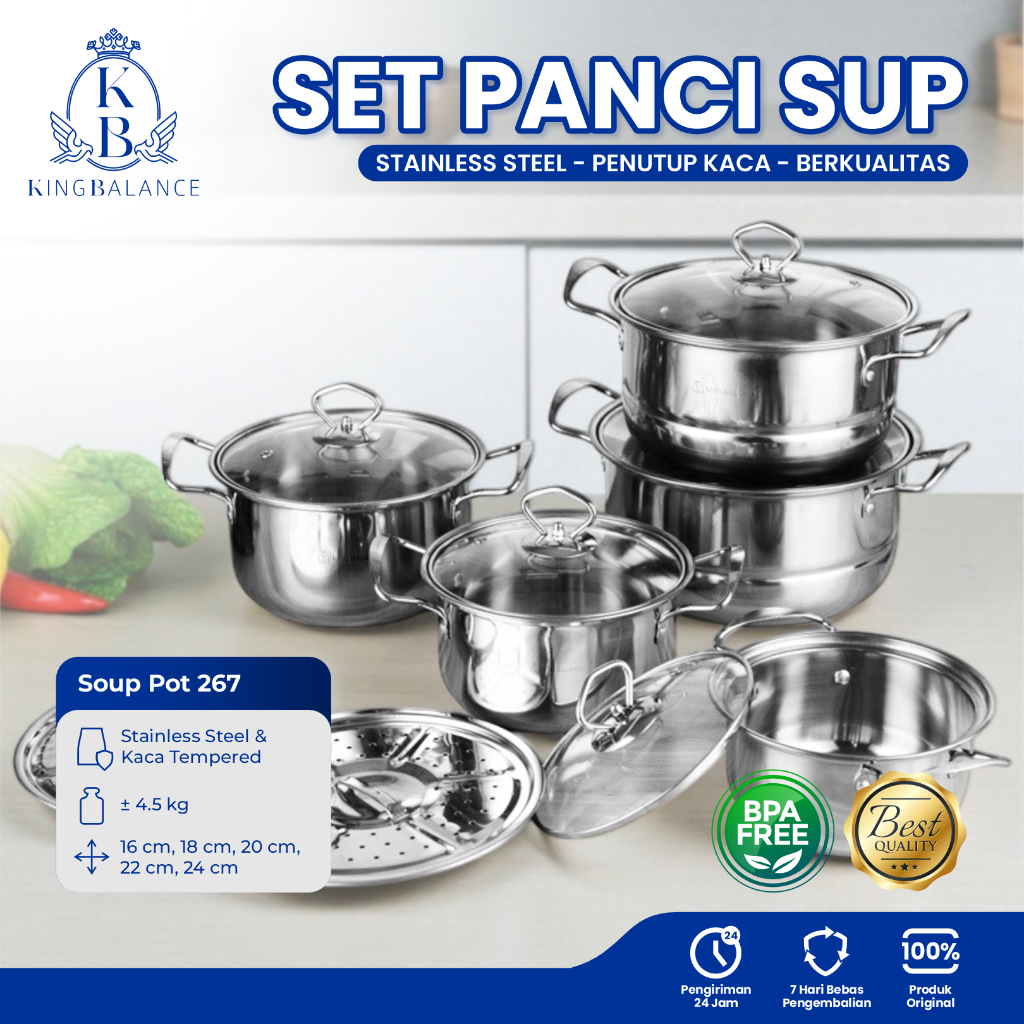 King Balance Panci Sup Stainless 1 Set 5 Pcs Panci Sup - Panci Serbaguna Tutup Kaca
