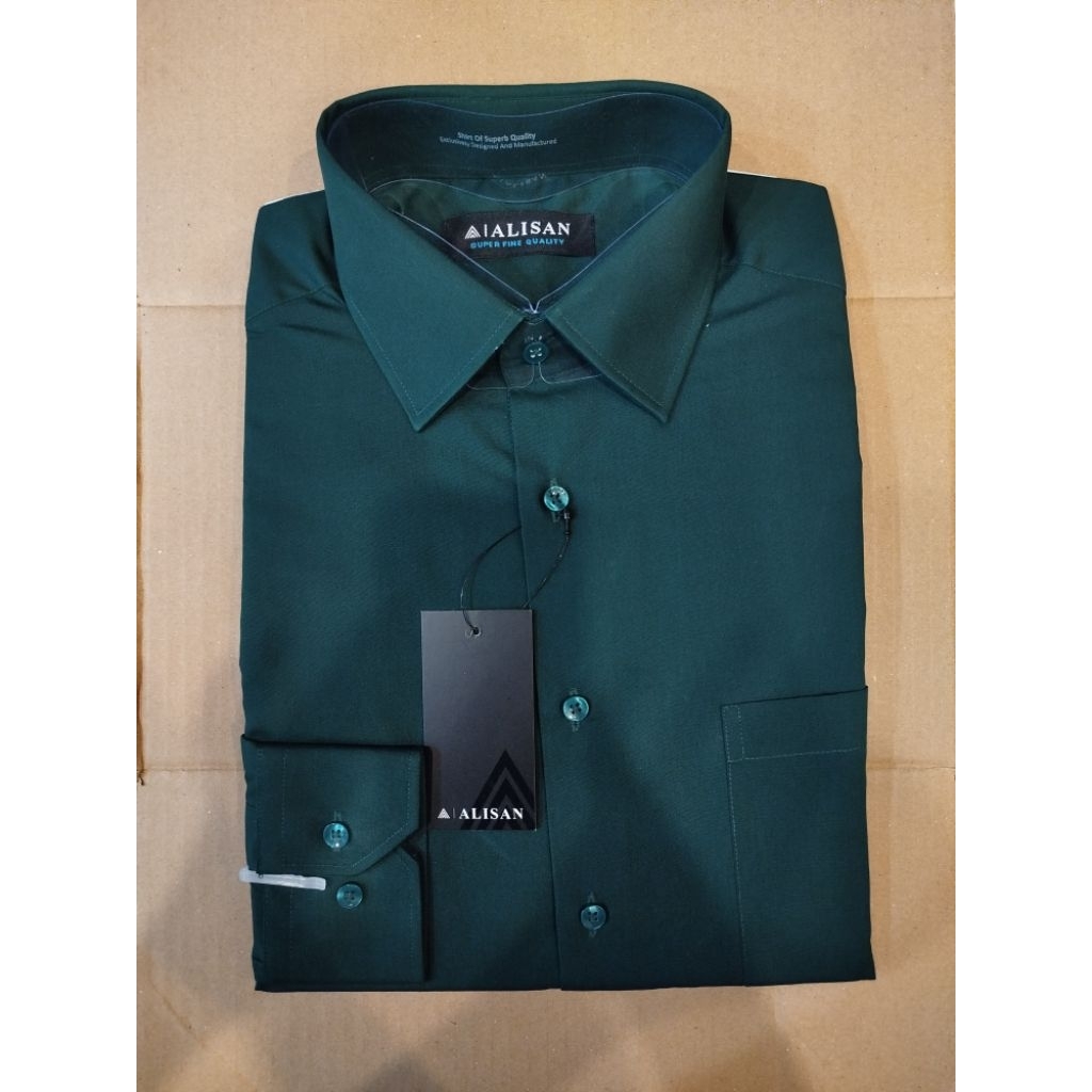 Alisan Kemeja Polos warna Hijau Botol 1 lengan panjang Reguler