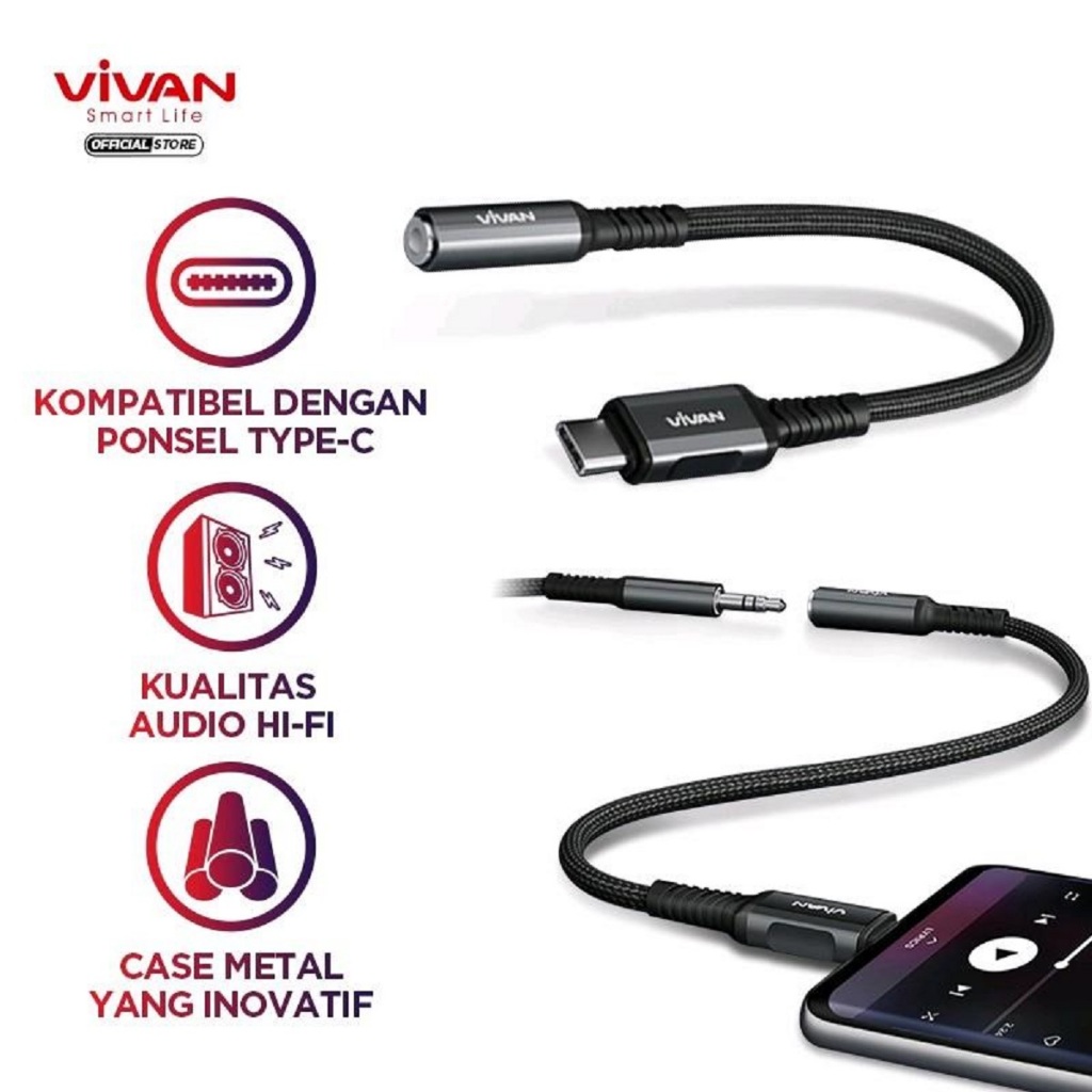 VIVAN VAC01 Kabel Converter Type C to Jack 3.5mm Audio Splitter Tipe C DAC Audio Converter Type C to