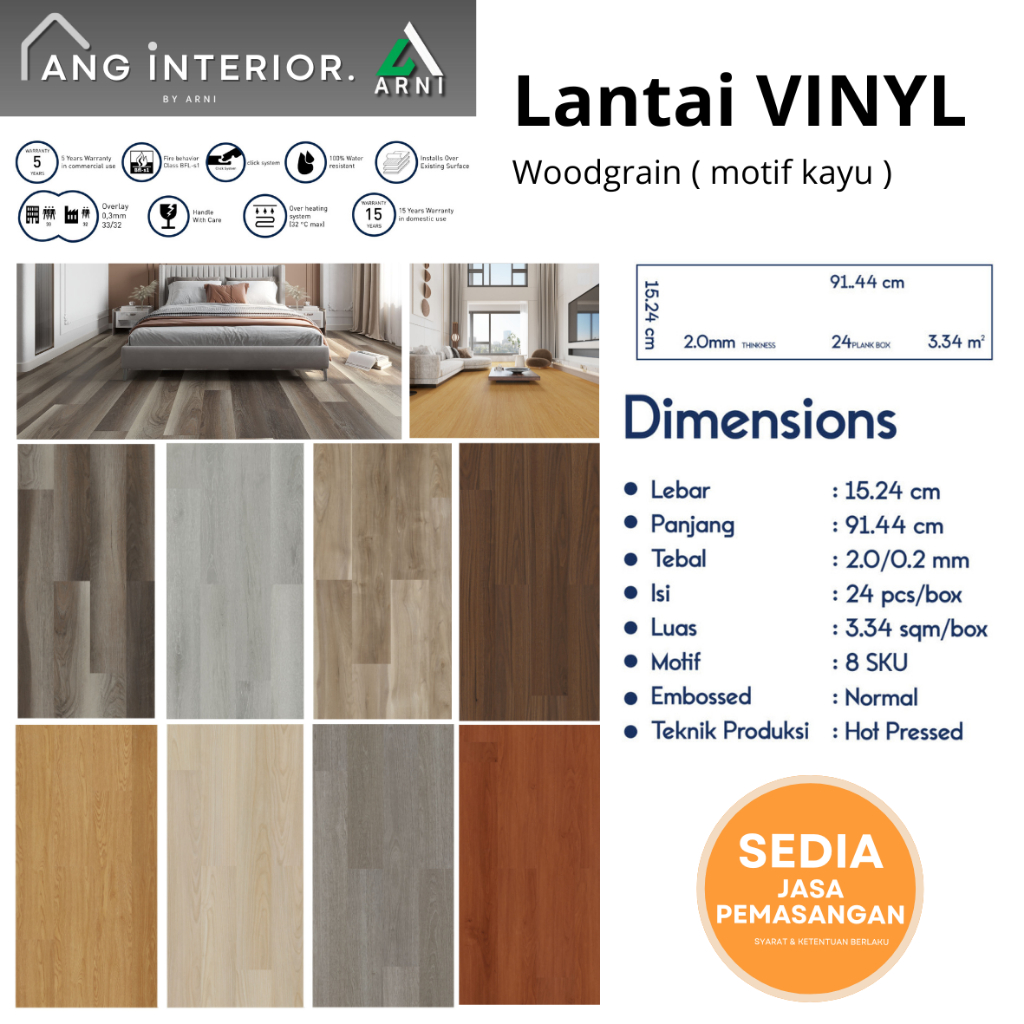 Vinyl Lantai Woodgrain 2mm – Motif Kayu Elegan | Anti Rayap & Anti Gores | Per Meter / Per Box