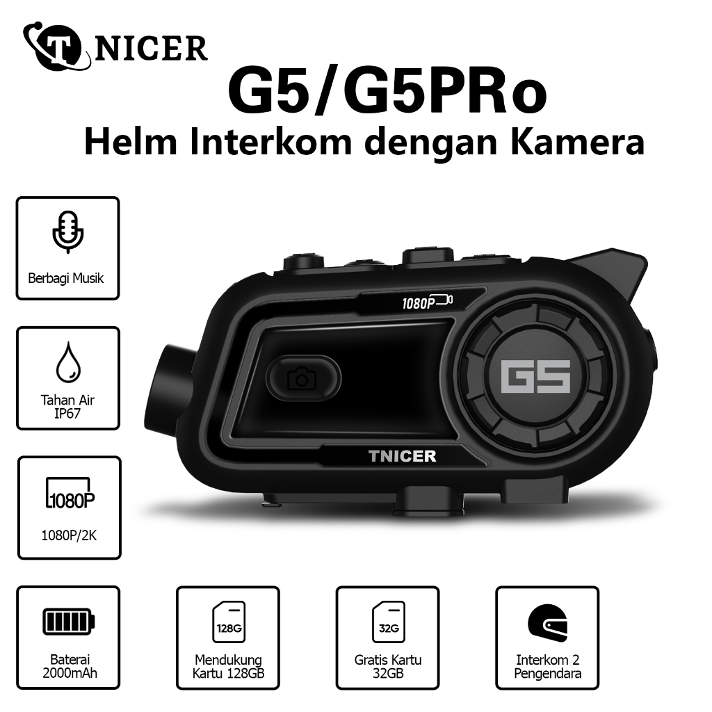 Tnicer G5/G5Pro Helm Interkom dengan Kamera 1080P/2K Interkom 2/8-Arah