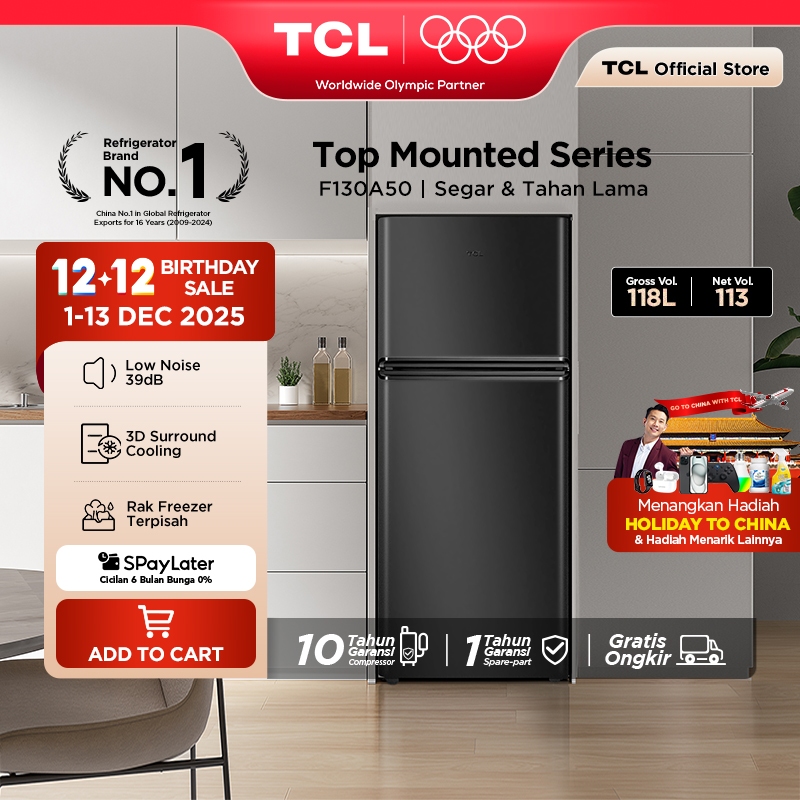 TCL Kulkas 2 Pintu (F130-A50) - Kapasitas 118L - Rak Freezer Terpisah - 3D Surround Cooling - Adjust