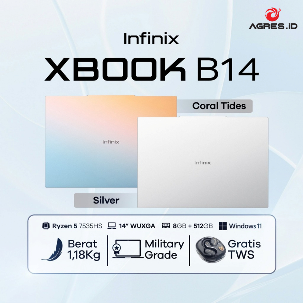 NEW - INFINIX XBOOK B14 RYZEN 5 7535HS - RAM 16GB 512GB WINDOWS 11 14.0WUXGA IPS CORAL TIDES