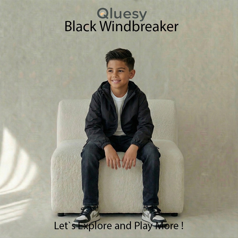 jaket parasut anak polos hitam semi waterproof usia 3 tahun sampai 12 tahun